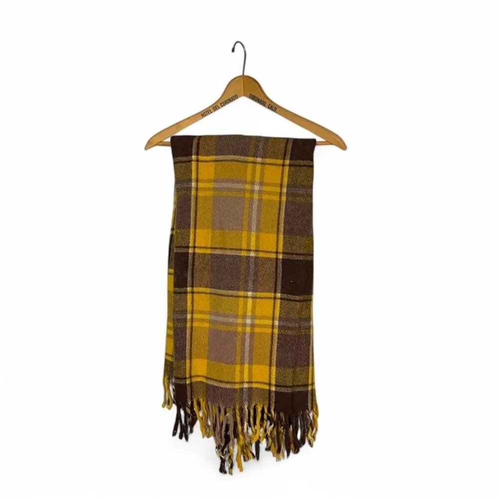 Vintage Faribo Wool Plaid Blanket Yellow & Brown By Faribo 49" X 53"